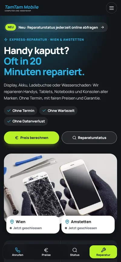 Website von TamTam Mobile am Handy